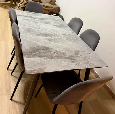 Modern 6-Seater Grey ceramic Marble-Top compact Dining Table with Chairs