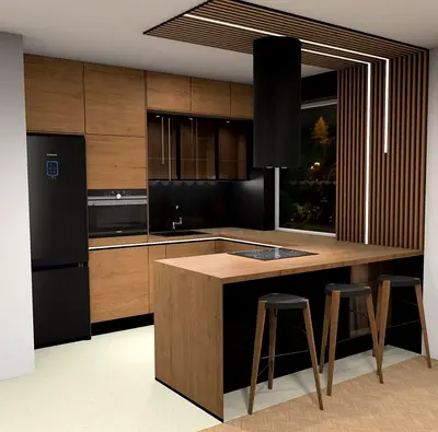 Modern wooden kitchen island with breakfast bar