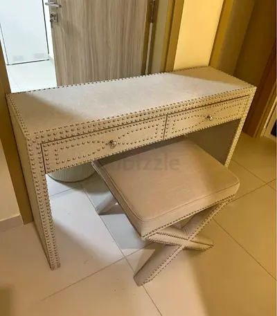 Beige Upholstered Vanity Table with Matching X-Stool - Excellent Condition