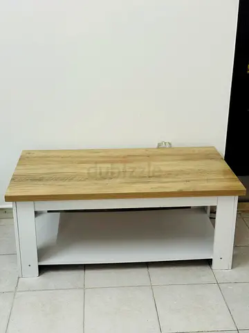 Wooden Coffee Table with Storage Shelf - Light Oak Top, White Base