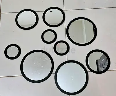 Set of 9 Round Black Framed Wall Mirrors - Assorted Sizes