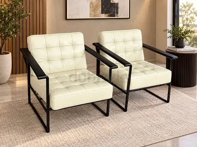 Pair of Modern Leather Armchairs with Black Metal Frame