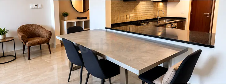 Modern concrete-look dining table with 4 chairs - good condition