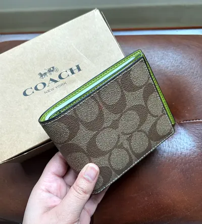 Coach Signature Canvas Bifold Wallet - Brown with Green Trim