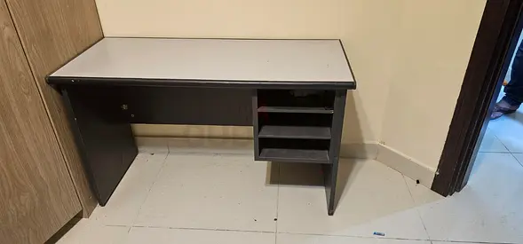 Used compact study/computer table with shelves - dark grey
