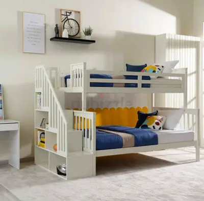 White wooden bunk bed with storage stairs - sturdy kids double bed