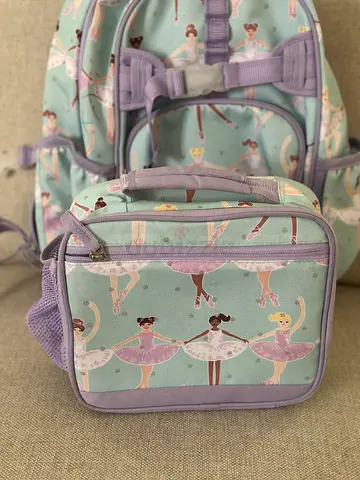 Pottery Barn Kids purple/green Ballerina print school backpack and matching lunch box bag set