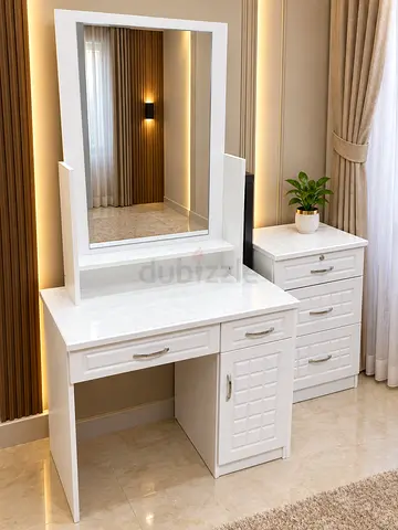 Modern White Vanity Dresser with Mirror and Side Chest