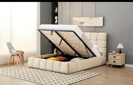 Storage Ottoman Bed with Upholstered Headboard - Cream, Queen