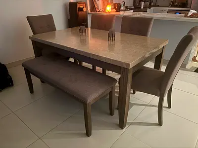 6-Seater Dining Table Set with Bench and Upholstered Chairs - Good Condition
