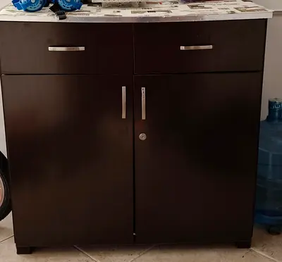 Dark Brown Wooden Cabinet with Lockable Doors and Two Drawers