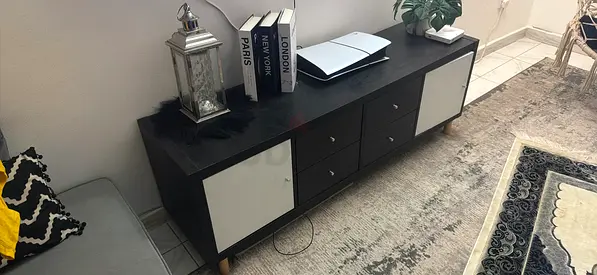 Low TV Console / Media Unit in Dark Wood with White Doors - Good Condition