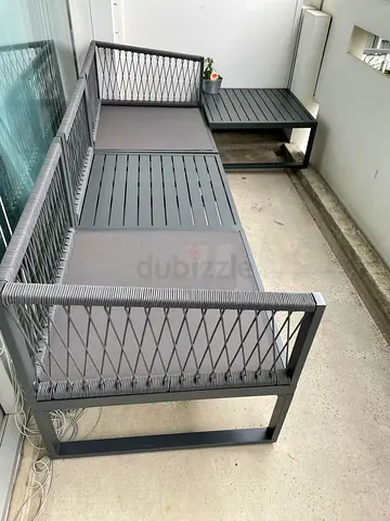 Outdoor corner sofa/bench set with side table - grey metal - 4 pieces