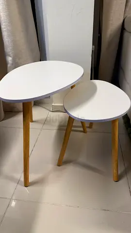 Set of 2 White Round Nesting Side Tables with Wooden Legs