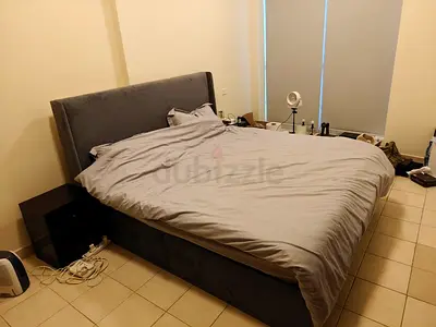 Grey Fabric Upholstered Queen Size Bed Frame with High Headboard 180*200 with matress