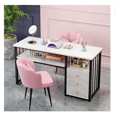 Modern Marble-Top Vanity Desk for Nail Technician with Storage Drawers.