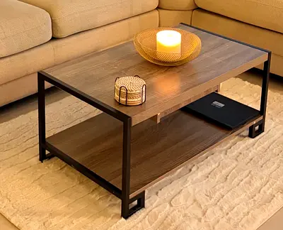 Industrial-style wooden coffee table with lower shelf