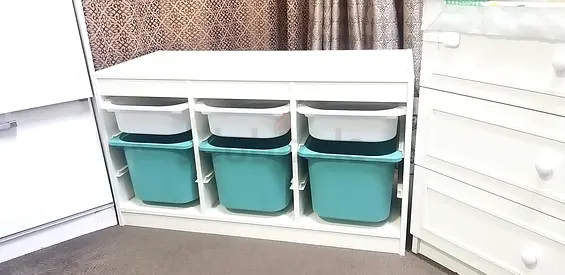 IKEA White storage unit with 6 plastic bins