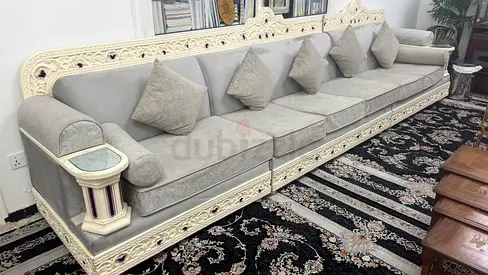 Large Ornate Carved Wooden Sofa - 15 Seater, Light Grey Upholstery
