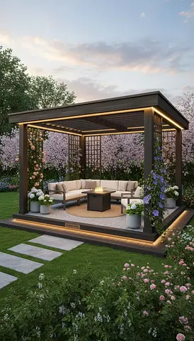 Modern Wooden Outdoor Gazebo with Built-in Lighting and Seating