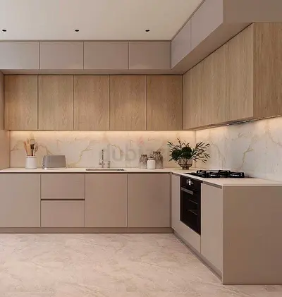 Modern L-Shaped Kitchen Cabinets in Oak and Beige Finish