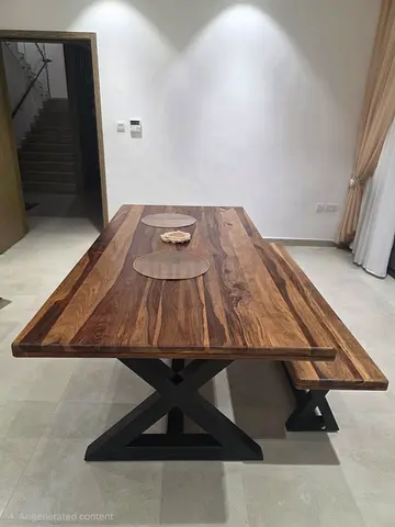 Solid Sheesham Wood Dining Table with Bench - Industrial X-Frame Base