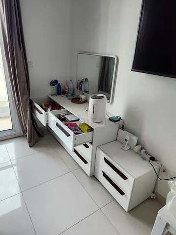 White modern dresser set with mirror and bedside drawer, Bed set with mattresses & small white table