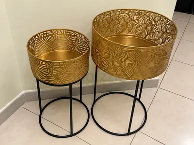 Set of 2 Gold Metal Decorative Planter Stands on Black Legs