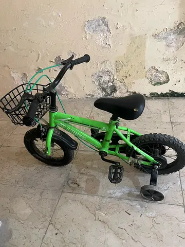 Green Children's Bicycle with Training Wheels and Front Basket