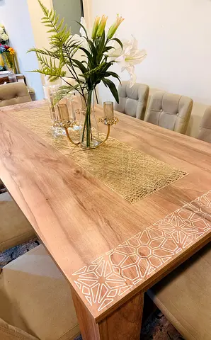 Solid Wood Dining Table with Decorative Inlay - Seats 6 Very Good Condition