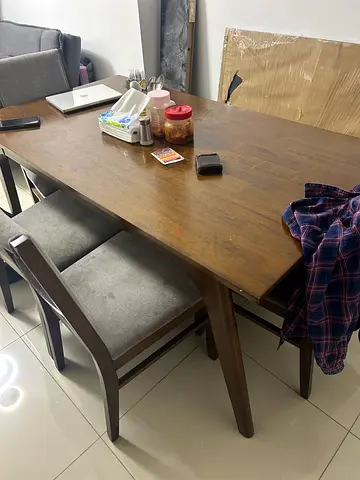 Solid Wood Dining Table with 4 Chairs & a bench (6 seater) - Light Used