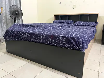 Double bed with storage headboard, good condition