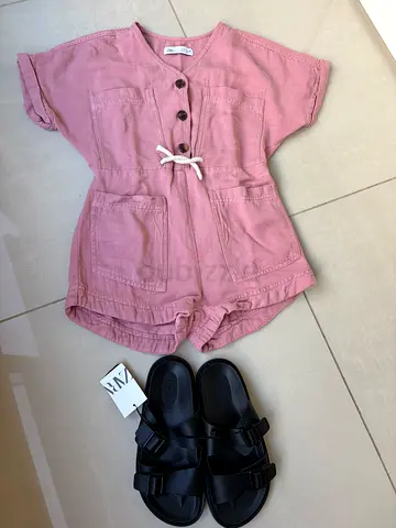 Kids Pink Cotton Romper / Playsuit - Size 7-8 years with shoes size 34