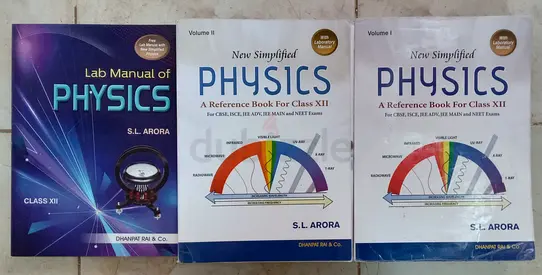 Set of three S.L. Arora Physics books for Class XII (Lab Manual + Vol I & II)