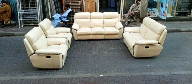 Beige Leather 3-Piece Recliner Sofa Set (3-seater + 2x 2-seater)