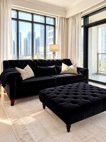 Chesterfield velvet black sofa with ottoman