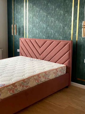 Queen upholstered bed frame with headboard - dusty rose