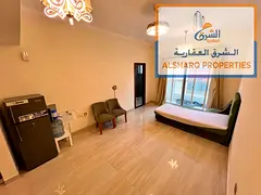 Studio apartment with brand-new furniture and a spacious balcony; features a large layout and modern