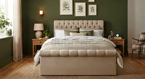 Neutral tufted fabric ottoman with headboard -Queen