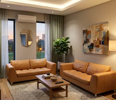 Leather 3-seater and 3-seater sofa set in tan - good condition