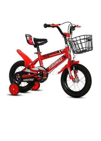 Kids red 14-inch bicycle with training wheels and front basket