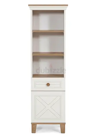 Tall Narrow Bookcase with Drawer and Cabinet - White & Wood