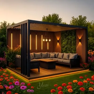 Modern Outdoor Gazebo with Integrated Lighting and Seating