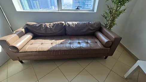 Modern Brown Faux Leather 3-Seater Sofa with Bolster Pillows