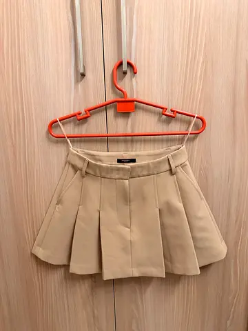 Beige Pleated Mini Skirt - Casual/School Style, Size XS/S