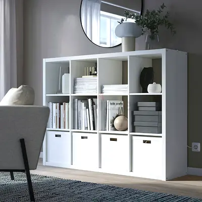 IKEA Kallax White Cube Storage Shelf with Wicker Baskets  12-Cube Display Unit