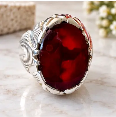 Red Aqeeq 990 Silver Aref Ring