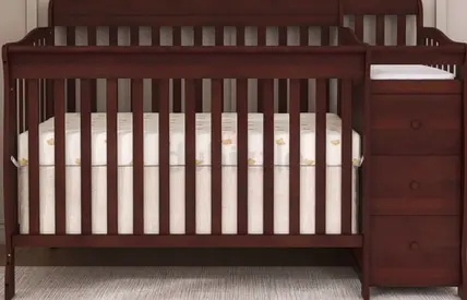 Convertible Wooden Baby Crib with Attached Changing Dresser - Dark Wood