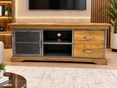 Solid Wood Industrial TV Console with Metal Accents - Good Condition