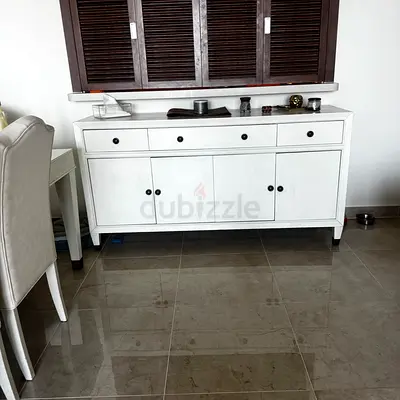 White Wooden Sideboard / Buffet Cabinet - 4 Doors, 3 Drawer, 8 seater dinning table